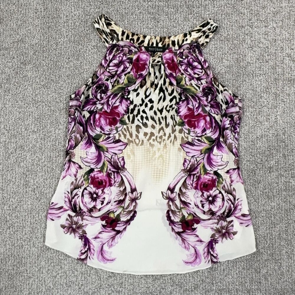 White House Black Market Top Womens S Floral Leopard Animal Print Silk Y2K